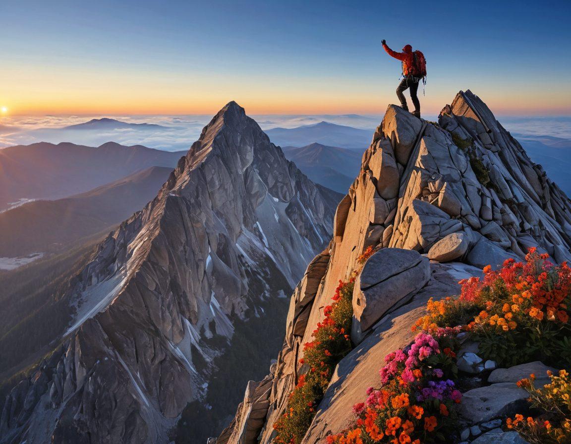 A mountain climber reaching the summit of a breathtaking peak at sunrise, symbolizing resilience and achievement. Surrounding the climber are vibrant flowers and a clear blue sky, representing bliss and hope. The scene conveys a sense of serenity and determination, showcasing the journey of persistence. super-realistic. vibrant colors. majestic landscapes.