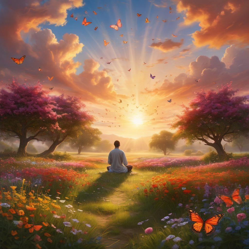 A serene landscape depicting a tranquil sunrise over a vibrant meadow filled with blooming flowers. In the foreground, a figure sits in meditation surrounded by butterflies, symbolizing joy and resilience. Soft, warm colors enhance the peaceful atmosphere, while gentle rays of sunlight break through the clouds, illuminating the scene. super-realistic. vibrant colors. peaceful. uplifting.