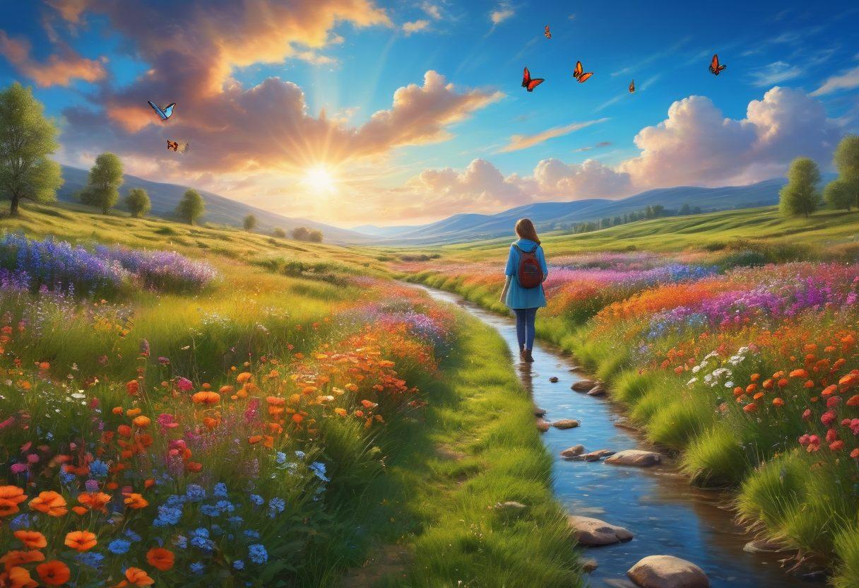 A serene landscape featuring a person smiling while walking through a sunlit meadow filled with colorful flowers. In the background, a gentle stream flows, reflecting the vibrant blue sky dotted with fluffy clouds. The scene should evoke feelings of happiness and tranquility, with butterflies fluttering around to enhance the cheerful atmosphere. super-realistic. vibrant colors. soft focus.